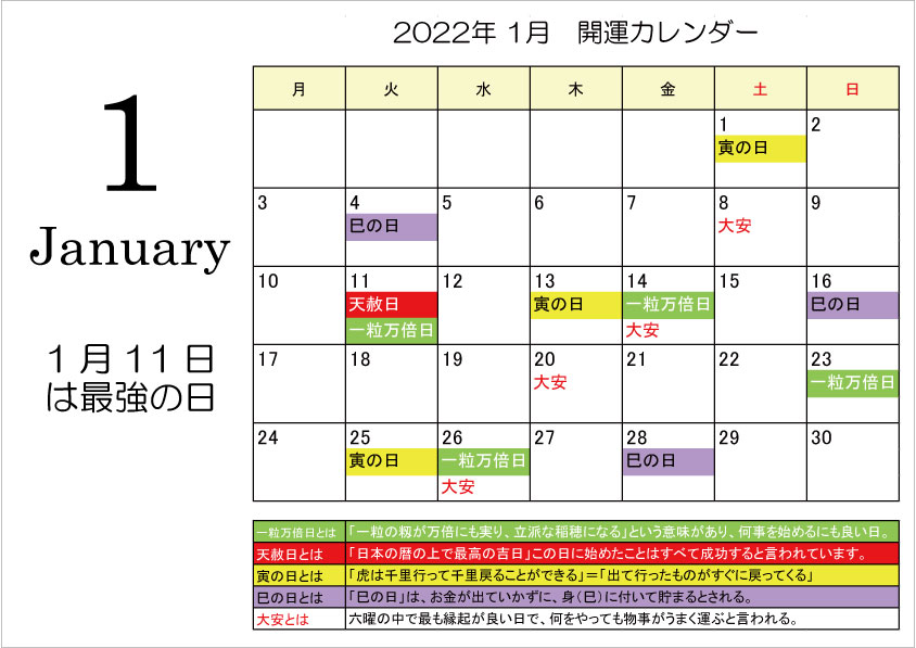 開運カレンダー2022年1月