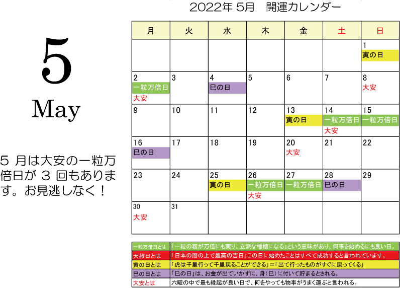 開運カレンダー2022年5月