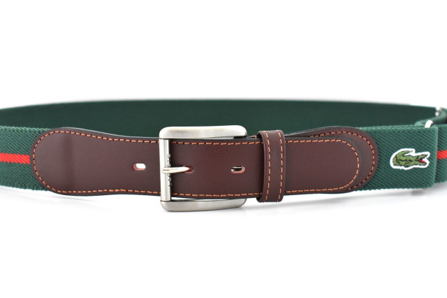 牛革付属ストレッチカジュアルベルト 「LACOSTE(ラコステ)」 LB96465 グリーン 正面